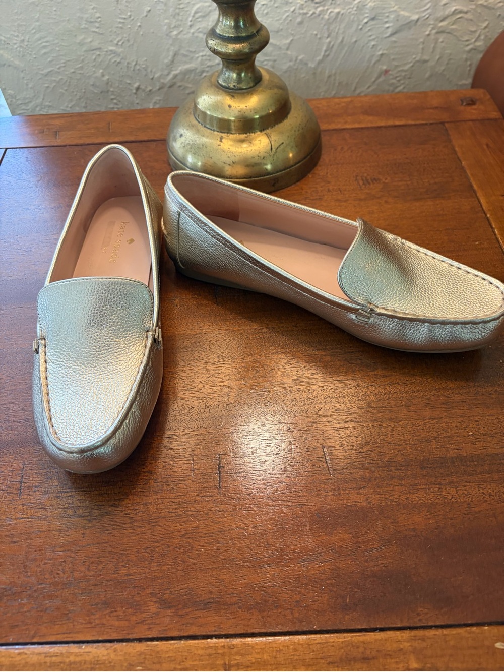 kate spade Metallic Gold Leather Driving Loafers with Pink Lining